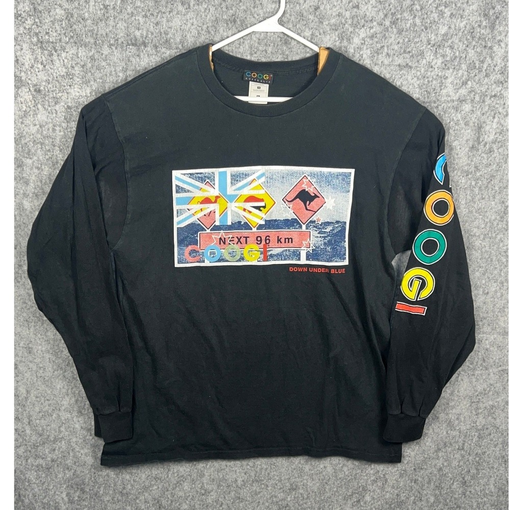Coogi Australia Mens XL Long Sleeve T-Shirt Black Down Under Blue Graphic Cotton